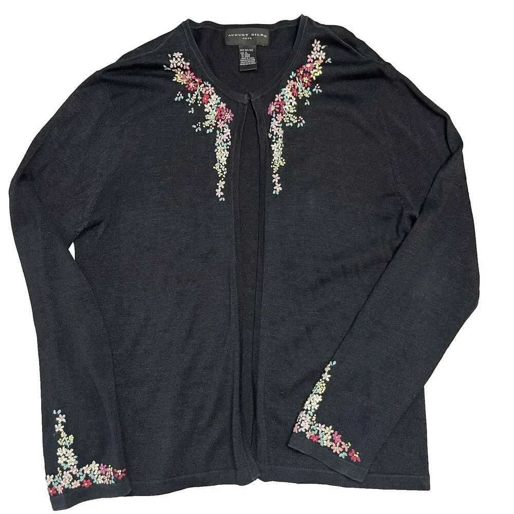 AUGUST SILK Embroidered Flowers 100% Silk Black Knit Open Cardigan XL Grannycore